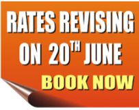 an orange sign with the words rate revising on 20 th june book now