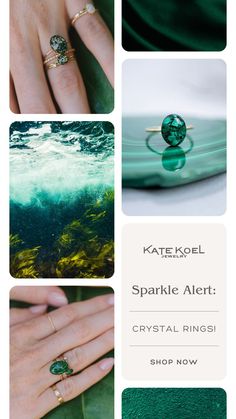 Hand adorned with sparkling crystal rings from Kate Koel Jewelry, set against a green background. Handmade Rings, Fall Jewelry, Sparkling Crystal, Dream Jewelry, Crystal Rings, Real Flowers, Perfect Ring, Shine Bright