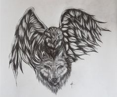 a drawing of two wolfs with wings on their back