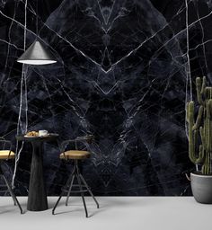 two chairs and a table in front of a black marble wall with a cactus next to it