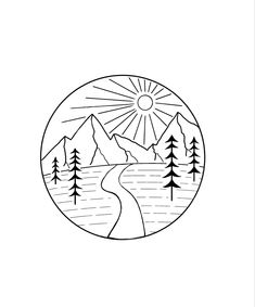 Black and white circular design. Tall spiky pine-like trees. Jagged mountain range below a sun shining bright with long lines(sun rays) Mountain River Tattoo, River Doodle, Simple Wood Burning Patterns, Doodle 101, Doodles Simple, River Tattoo, Icon Tattoo, Mum Tattoo, River Design