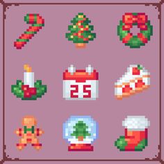 pixel art christmas icons on a purple background with red and green decorations, such as wreaths