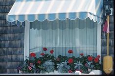 red flowers are growing in front of a white awning on a window sill