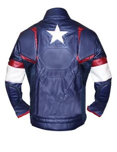 captain america the winter soldier leather jacket with red, white and blue stripes on the back