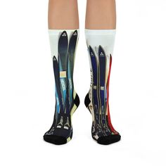 These cool socks are a one-size-fits-all solution up to a men’s size 12. The base color is white with black on the toes and heel. The construction is 73% polyester, 18% nylon, 6% spandex, and 3% cotton.The Artwork for the socks was made with love and uniquely designed by SKI STUFF.- 200 needle knit premium socks- Cushioned bottoms- Material: 73% polyester, 18% nylon, 3% cotton, 6% spandex- One size: comfortably fits women's size 5 US up to men's size 12 USPlease note, sock colors may vary due to Vintage Skis, Skier Gifts, Ski Decor, Printed Socks, Ski Gifts, Ski Socks, Fun Socks, Ski Accessories, Vintage Ski