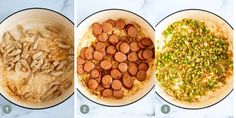 three images showing the steps to make sausage and mushrooms in a skillet, then being cooked