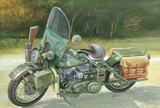 a painting of a green motorcycle parked on the side of a road next to a forest