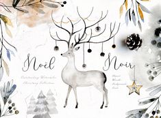 a watercolor christmas card with a deer and pinecones on it's back