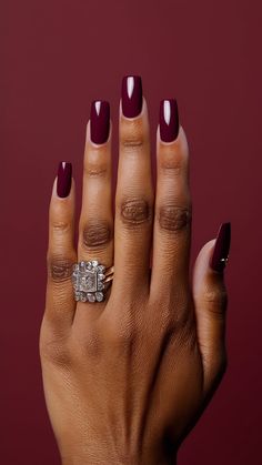 Red Nails Ideas Black Women, Mix Match Color Nails, Red Nails On Dark Skin Women, Acrylic Nails For Darker Skin Tones, Nail Ideas One Color, Square Burgundy Nails, Red Nails Dark Skin, Nail Inspo For Dark Skin, Nail Colour For Brown Skin