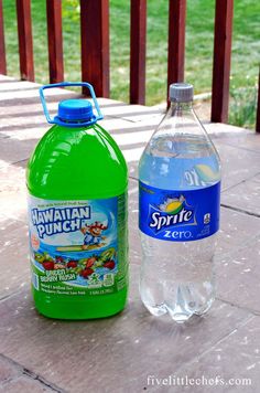 two bottled water bottles sitting on a patio