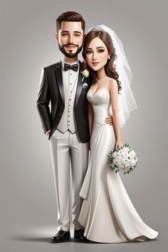 a wedding cake topper with a bride and groom standing next to each other in front of a gray background