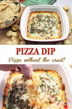 the pizza dip is being served in a casserole dish