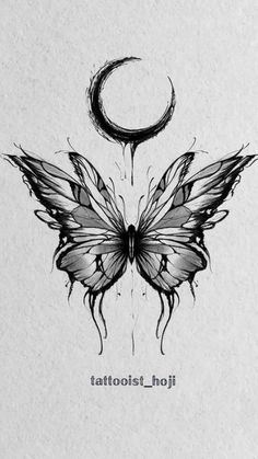 a black and white drawing of a butterfly with the moon in the sky behind it