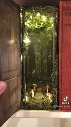 someone is holding up a book in front of a forest scene with mushrooms and lights