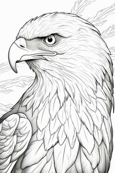 an eagle is shown in this black and white drawing, it looks like he's looking