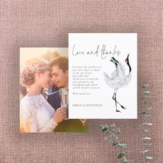 a wedding card with an image of a bride and groom