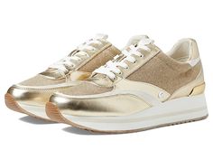 MICHAEL Michael Kors Mariah Trainer - Women's Shoes : Pale Gold : Elevate your athleisure style in the chic MICHAEL Michael Kors Mariah Trainer. Traditional lace-up offers a secure fit. Classic round toe silhouette. Leather, textile and synthetic upper. Textile lining and insole. Synthetic outsole. Imported. Measurements: Heel Height: 1 1 2 in Weight: 11 oz Platform Height: 1 in Product measurements were taken using size 9, width M. Please note that measurements may vary by size. Weight of footw Modern Sneakers With Elastic Laces, Textile Jogging Sneakers, Lace-up Synthetic Sneakers For Walking, Spring Lace-up Shoes With Cushioned Footbed, Spring Synthetic Lace-up Shoes With Cushioned Footbed, Gold Synthetic Sporty Sneakers, Sporty Gold Sneakers For Spring, Gold Lace-up Synthetic Sneakers, Gold Synthetic Lace-up Sneakers