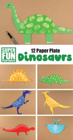 paper plate dinosaurs with the title super fun printables 12 paper plate dinosaurs