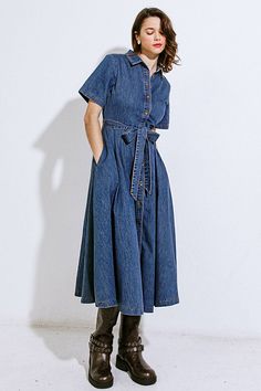 A washed denim midi dress featuring shirt collar, button down, self sash tie, side pockets and A line shirtDetails:Self : 83% Cotton 17% Viscose Size & Fit- Model is 5`8" And Wearing Size Small- Measurements Taken From Size Small- Approx. Length: 50" Armani Dress, Denim Midi Dress, Maxi Shirts, Maxi Shirt Dress, Day In The Life, Washed Denim, Curvy Outfits, Casual Streetwear, Shirt Collar