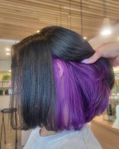 Purple Hair Dye Ideas Short Hair, Split Dyed Hair Underneath Purple, Under Hair Color Purple, Hidden Colour Hair, Under Dyed Hair Purple, Under Hair Dye Purple, Purple Under Hair, Purple Underdye Hair, Purple Underlights