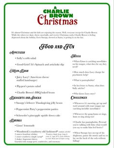 the christmas menu for charlie brown's christmas dinner