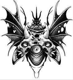 a black and white drawing of a demon mask