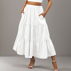 Season:Summer; Fabric:Polyester; Dress Length:Maxi; Gender:Women's; Style:Casual,Fashion; Occasion:Casual Daily,Weekend; Fit Type:Regular Fit; Waistline:High Waist; Pattern:Solid Colored; Design:Ruffle,Pocket; Pants Type:Skirt,A Line,Swing; Front page:FF; Listing Date:04/08/2024; Production mode:External procurement; Length:; Waist: White Skirts Long, Cheap Maxi Skirts, Skirt A Line, White Long Skirt, Ruffle Maxi Skirt, Skirts Online, Summer Style Casual, Maxi Skirts, Casual Black