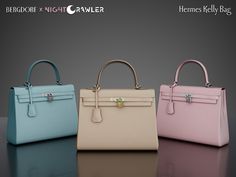 three different colored handbags sitting next to each other on top of a reflective surface