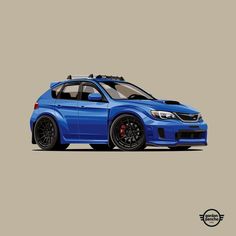 a blue subarunt is parked in front of a gray background with black rims