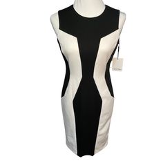 Black And White Dress Women’s Size 4 Sleeveless New With Tags Chic Sleeveless Black And White Mini Dress, Chic Black And White Sleeveless Mini Dress, Calvin Klein Sleeveless Lined Mini Dress, Calvin Klein White Sleeveless Mini Dress, White Dress Women, Tie Belt Dress, Tye Dye Dress, Sleeveless Chambray, Sheer Midi Dress