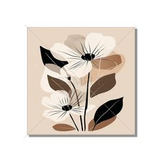 an art print with white flowers and black leaves on a beige background, in the shape of a rectangle