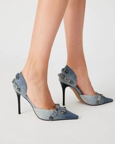 DALI Denim Multi Studded Point Toe Pump | Women's Heels – Steve Madden Trendy Studded Pointed Toe Heels, Trendy Pointed Toe Heels With Studs, Fitted Pointed Toe Heels With Studs, Denim High Heels With Heel Strap, Chic Denim Heels With Pointed Toe, Denim Heels With Pointed Toe For Evening, Heels Steve Madden, Women's Heels, Stiletto Pumps