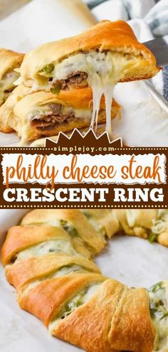 there is a sandwich with cheese on it and the words philly cheese steak crescent ring