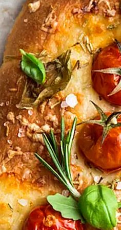 a pizza with tomatoes and herbs on it