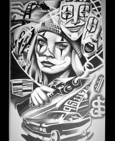 a black and white drawing of a woman with tattoos on her face, holding a car