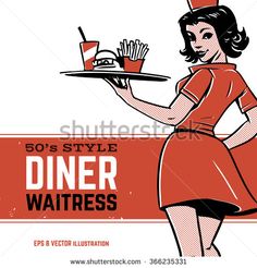 retro diner waitress holding a tray with food on it and the words bo's style diner waitress