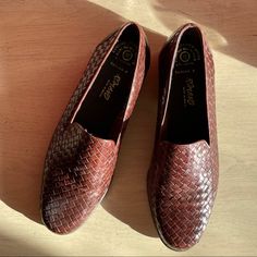 Leather Woven Loafers. New Without Tags. Women Size 10, Narrow Fit. Classic Moccasins With Woven Sole And Round Toe, Leather Loafers With Woven Sole And Flat Heel, Classic Closed Toe Loafers With Woven Sole, Retro Leather Loafers With Closed Toe, Retro Leather Closed Toe Loafers, Retro Leather Loafers With Flat Heel, Retro Leather Slip-on Loafers, Retro Closed Toe Loafers With Leather Sole, Leather Loafers With Woven Sole