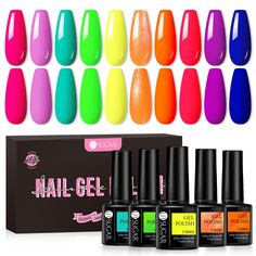 PRICES MAY VARY. 【Neon Gel Nail Polish Set】 - UR SUGAR Gel Nail Polish Set of 10 neon colors all in one box! This neon color set includes every must have neon color (Hot Pink Orange Yellow Green Blue Red Purple)! An array of every shade you’ll need! Our rainbow inspired set will brighten your collection of gel colors for all seasons! The color range will match any outfit you style your nails with! 【Ideal Gift for Her】 - UR SUGAR gel nail polish set comes with a gift box, it will be a nice gift f Neon Nails Solid Color, Neon Orange Gel Nails, Dnd Neon Green Gel Polish, Neon Gel Polish, Neon Rouge, Neon Green Nail Polish, Gel Colors, Nail Polish Set, Damaged Nails