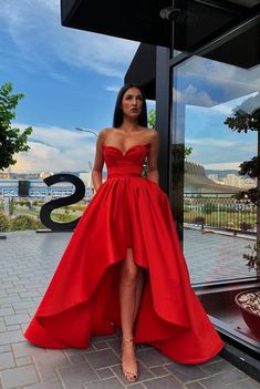 Red Satin Prom Dress, Red Formal Dresses, High Low Prom Dress, Strapless Evening Dress, High Low Prom Dresses, Prom Dresses With Pockets, Sweetheart Prom Dress, Unique Prom Dresses, Red Prom