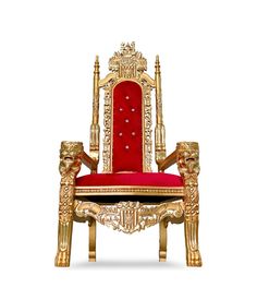 an ornately decorated chair with red velvet upholstered seat and gold trimmings