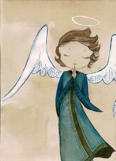 an angel with blue wings is standing in front of a beige background and has her eyes closed