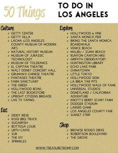 the 50 things to do in los angeles info sheet with text overlaying it