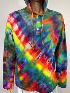 Ice tie dye large size hoodie. This hoodie is made from 100% cotton jersey knit. Lightweight  feel to it, is easy care machine wash and dry with dark colors. Has long sleeves and a kangaroo pocket, hood with drawstring. Extra long sleeves with straight edge and straight edge along bottom hem of body. Wear alone or over another shirt for extra warmth! Measurements are garment laid out flat  24 inches from armpit to armpit across the front  28 1/2 inches from center shoulder near neckline down front to bottom hem 22 inches from armpit to bottom of sleeve Ice Tie Dye, Mens Hoodies, French Terry Hoodie, Extra Long Sleeves, Straight Edge, Long Hoodie