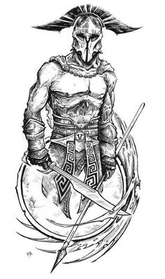 a black and white drawing of a warrior with two swords