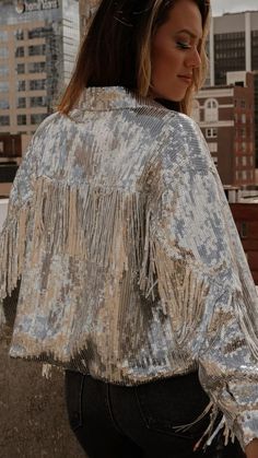 Sequin Fringe Jacket, Fringe Jacket Outfit, Beyonce Concert Outfit, Beyonce Concert, Nashville Outfit, Bridal Attire, Nashville Style, White Jean Jacket, Nashville Outfits