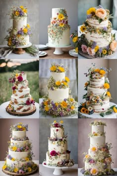 many different types of wedding cakes with flowers on them