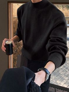 Men's Solid Color Basic Sweater Black Casual  Long Sleeve Knitwear Plain Pullovers Slight Stretch  Men Clothing, size features are:Bust: ,Length: ,Sleeve Length: Gentleman Aesthetic, Classy Outfits Men, Men Stylish Dress, Guys Clothing Styles, Basic Sweaters, Men Plus Size, Cool Outfits For Men, Herren Outfit, The Perfect Guy