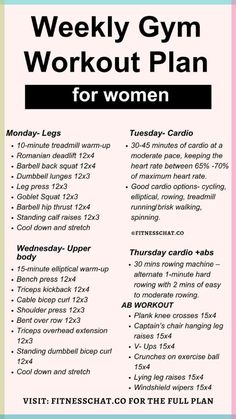 the weekly gym workout plan for women is shown in black and white, with pink accents