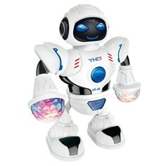 a white and blue robot with lights on it