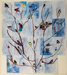 a tree with birds sitting on it in the middle of four different pictures, one is made out of colored paper